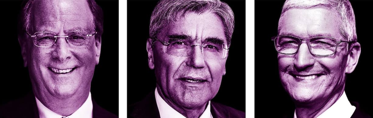 Larry Fink (BlackRock) will nachhaltig investieren, Joe Kaeser (Siemens) der Gesellschaft dienen, und Tim Cook (Apple) kämpft für Homosexuelle (v.l.).