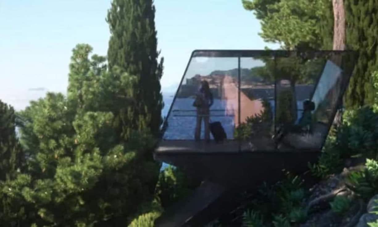 Ankommende Gäste fahren via Glasbahn...