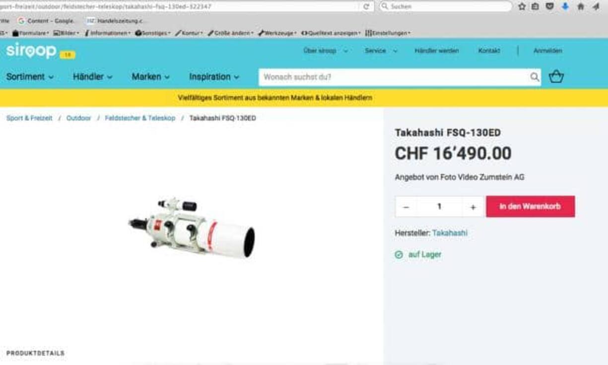 Noch etwas mehr kostet bei Siroop dieses Teleskop von Foto Video Zumstein in Bern. Für 16'490 Franken kann man sich den Ausflug in die Sternwarte künftig sparen.