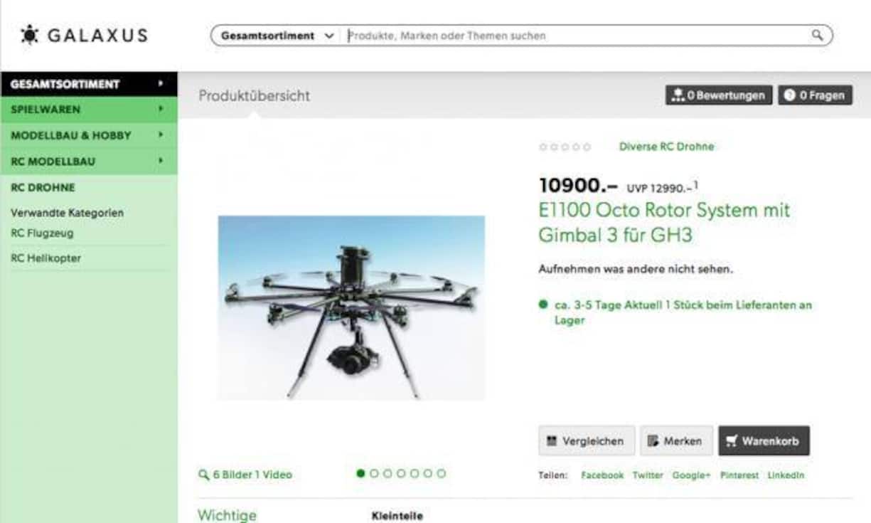 Ebenfalls bei Galaxus findet man diese Drohne für 10'900 Franken. Dafür gibt es statt der üblichen vier gleich acht Rotoren.