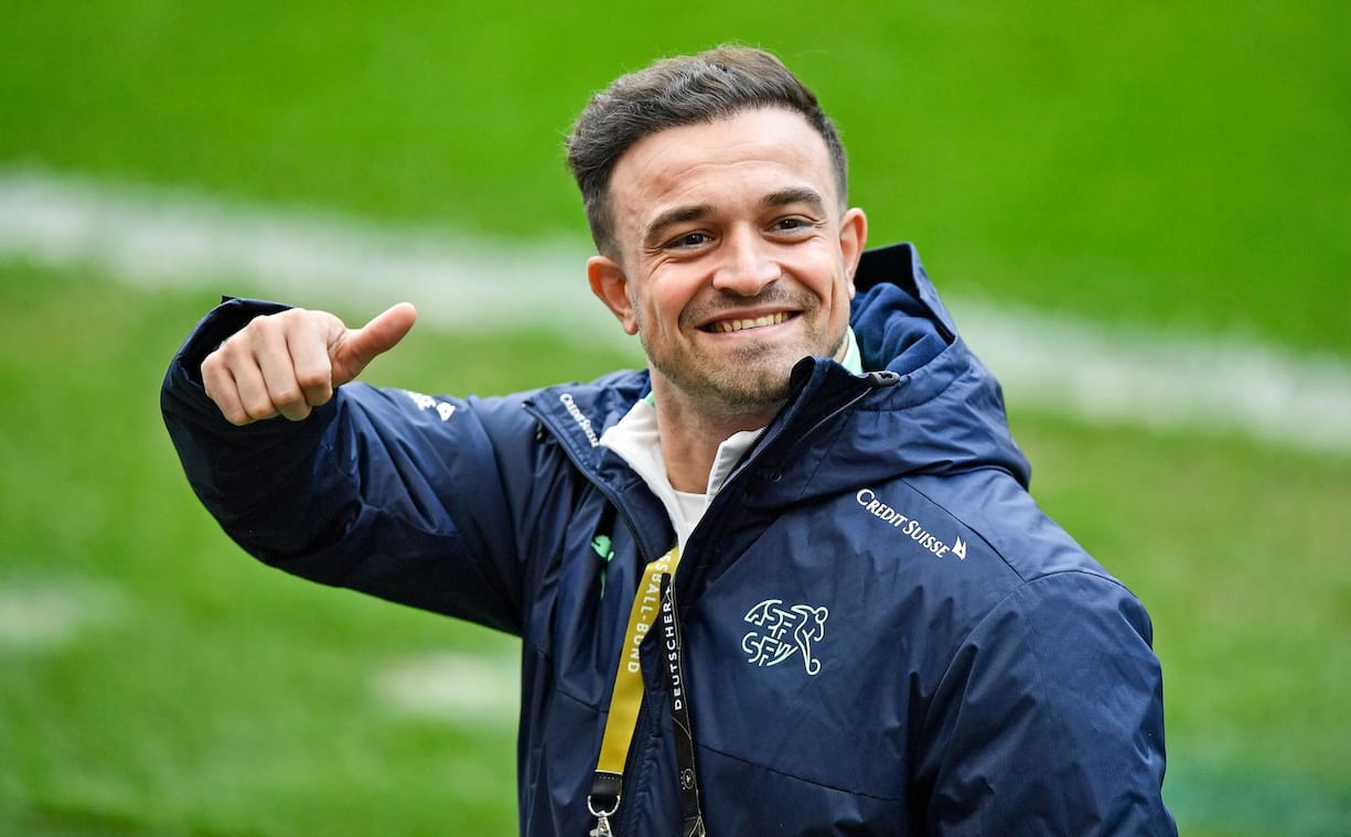 Switzerland's Xherdan Shaqiri shows thumbs up prior a training session of the Swiss national soccer team prior the UEFA Nations League soccer match between Germany and Switzerland in Cologne, Germany, Monday, Oct. 12, 2020. (AP Photo/Martin Meissner)