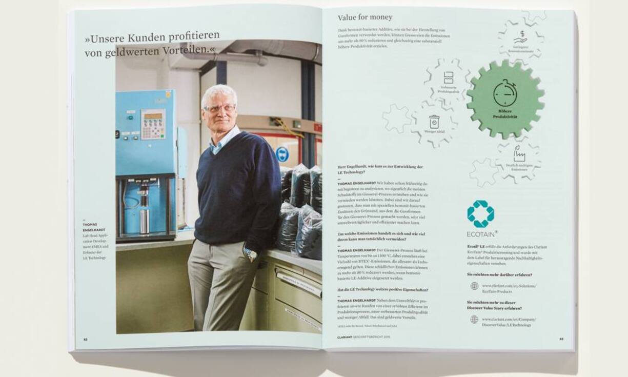 Den 1. Platz im Gesamtranking der besten Geschäftsberichte holt sich Clariant.
Verständliche Botschaften, durchdachte Optik, klare Angaben zur Salärstruktur: der Siegerbericht 2016. Schön ist er auch noch.