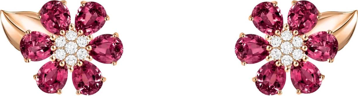 Ohrringe der Kollektion «Fleurs d’Hawaï» in Roségold mit Diamanten und Rhodolith. 25’100 Franken.
