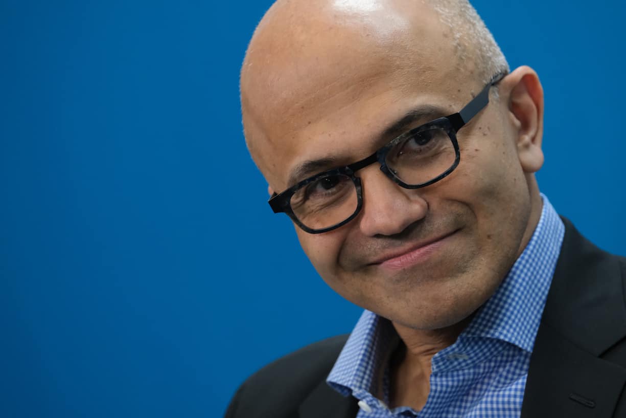 BERLIN, GERMANY - FEBRUARY 27: Satya Nadella, CEO of Microsoft, speaks with Herbert Diess, CEO of Volkswagen AG, (not pictured) at a "fireside chat" to the media about a joint project between the two companies called the Volkswagen Automotive Cloud on February 27, 2019 in Berlin, Germany. Microsoft is working with several automakers to advance the carmakers' digitalization.  (Photo by Sean Gallup/Getty Images)