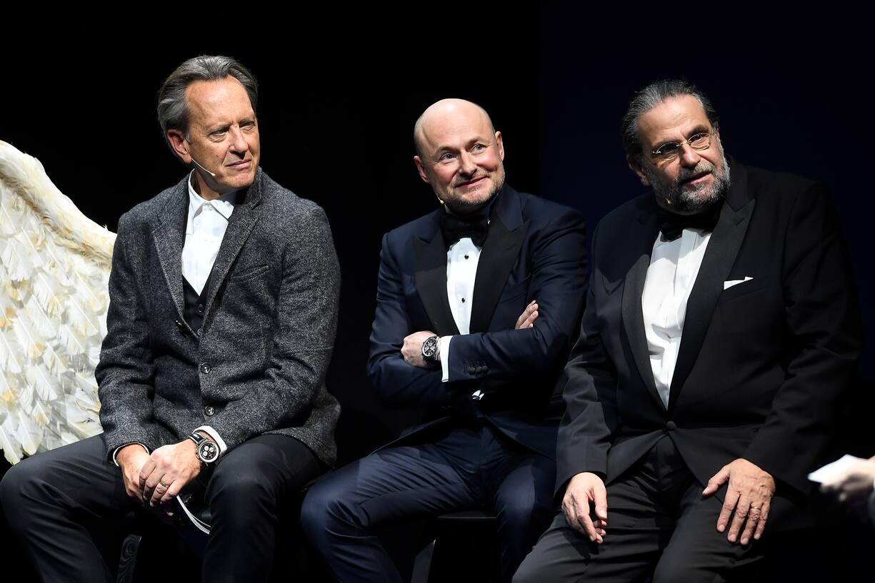 ZURICH, SWITZERLAND - FEBRUARY 15: (L to R) Richard E. Grande, Georges Kern, and Fred Mandelbaum attend the dinner show at the '#LEGENDARYFUTURE' Roadshow 2018 Zurich on February 15, 2018 in Zurich, Switzerland. (Photo by Alexander Scheuber/Getty Images for Breitling)