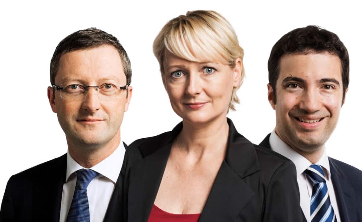 Peter Keller (l., SVP), Isabelle Moret (FDP) und Ständerat Andrea Caroni (FDP) 