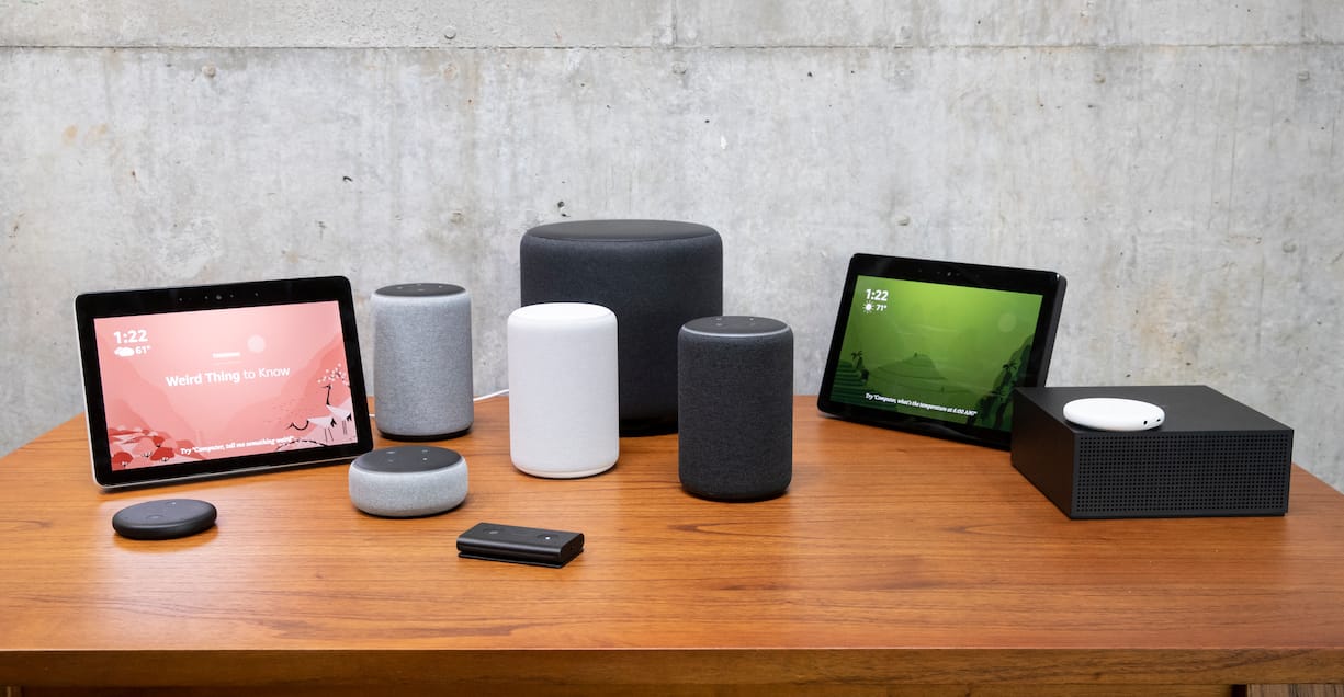SEATTLE, WA - SEPTEMBER 20: An assortment of newly launched devices, including, an "Echo Input," "Echo Show, "Echo Plus," "Echo Sub," "Echo Auto" and "Firetv Recast" are pictured at Amazon Headquarters, follownig a launch event, on September 20, 2018 in Seattle Washington. Amazon launched more than 70 Alexa-enable products during the event. (Photo by Stephen Brashear/Getty Images)