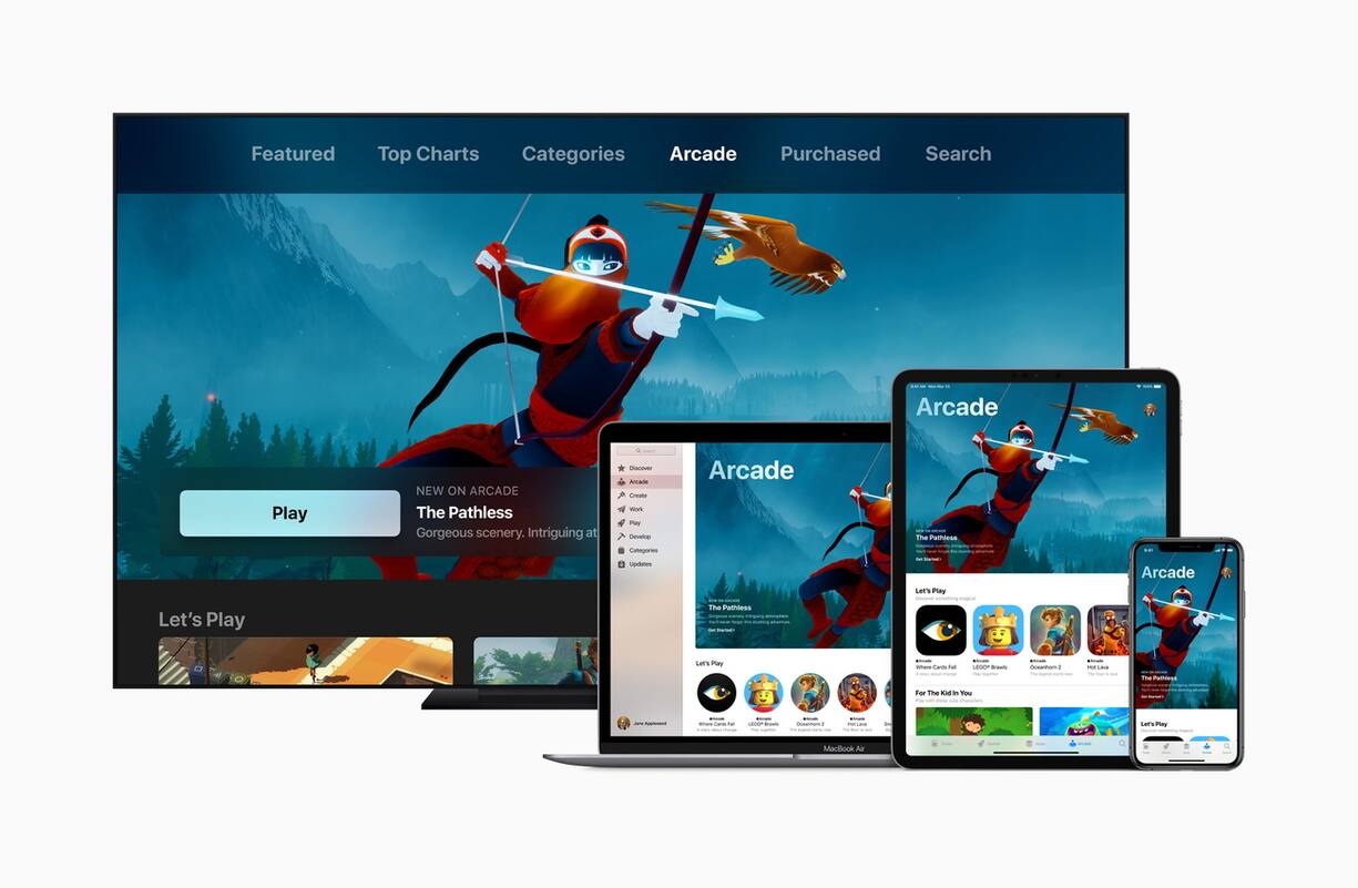 epa07463025 A handout photo made available by Apple, Inc. shows Apple launches Apple Arcade, a game subscription service for mobile, desktop and the living room as shown on Apple TV, iPad Pro, iPhone Xs, and MacBook Pro during the Apple Event at the Steve Jobs Theater on the Apple Inc., headquarter campus in Cupertino, California, USA, 25 March 2019. EPA/APPLE INC., / HANDOUT All Rights Reserved/Mandatory Credit/ Please credit: Courtesy of Apple, Inc. HANDOUT EDITORIAL USE ONLY/NO SALES/NO ARCHIVES