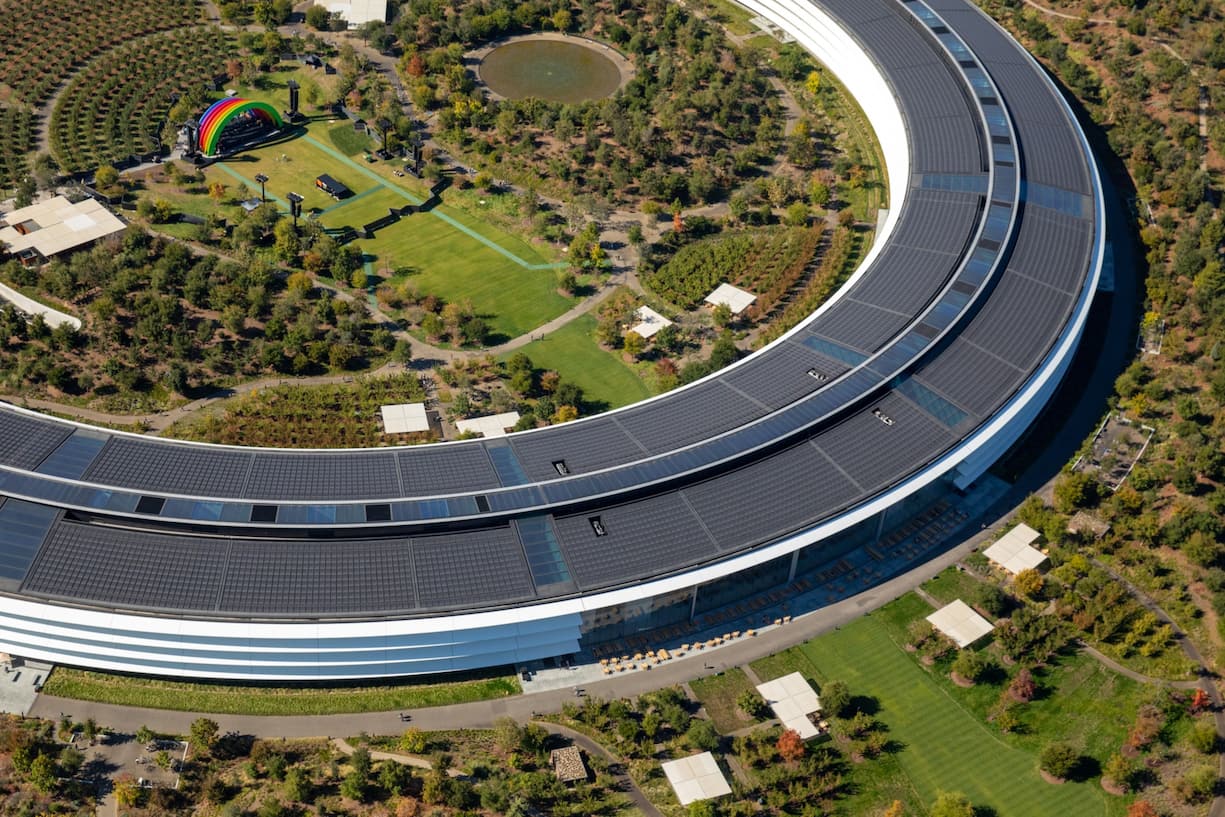 The Apple Park campus stands in this aerial photograph taken above Cupertino, California, U.S., on Wednesday, Oct. 23, 2019. Apple Inc. will report its fourth-quarter results next week, and based on the average analyst price target for the stock, Wall Street is feeling increasingly optimistic about the iPhone maker's prospects. Photographer: Sam Hall/Bloomberg