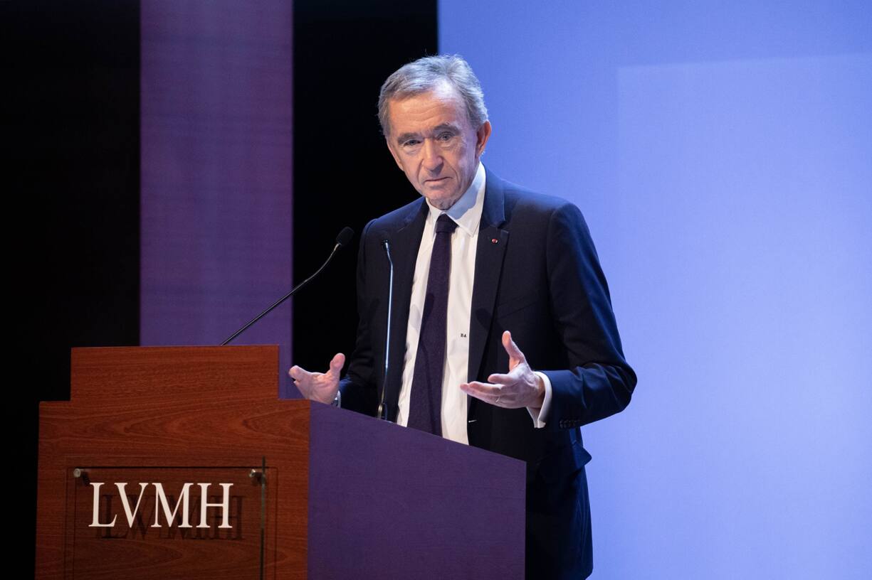 Bernard Arnault, billionaire and chief executive officer of LVMH Moet Hennessy Louis Vuitton SE, speaks as the luxury brand announces full year earnings in Paris, France, on Tuesday, Jan. 28, 2020. LVMH's sales growth slowed in the fourth quarter as protests in Hong Kong dented Chinese demand for the luxury giant's products at the end of a strong year. Photographer: Christophe Morin/Bloomberg