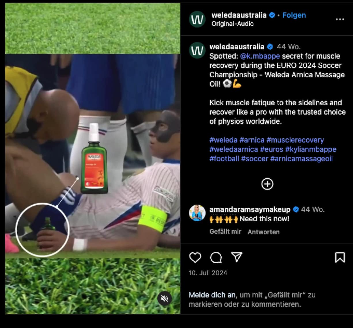 <p>Fussballstar Kylian Mbappé mit Massageöl von Weleda.</p>