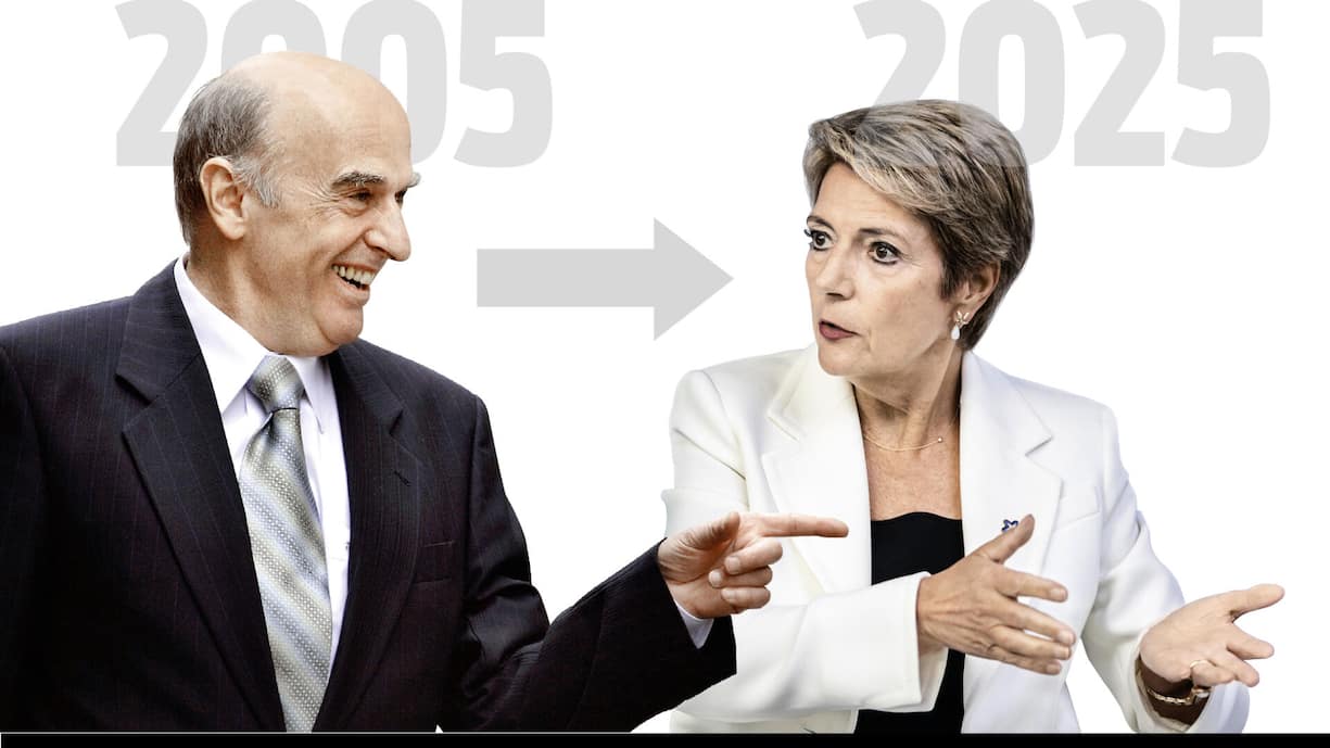 <p>Finanzplatz 2005: Verteidiger vor zwei grossen ­Rettungsaktionen: FDP-Finanzminister Hans-Rudolf Merz zeigte sich stolz auf die Banken: «Wir haben zwei unter den Top Ten.»<br /><br /></p>
<p>Finanzplatz 2025: FDP-Finanzministerin Karin ­Keller-Sutter hält Distanz zu den Banken, deren Ruf durch Fabel-Saläre und Skandale stark gelitten hat. Die UBS liegt auf Platz 25.</p>