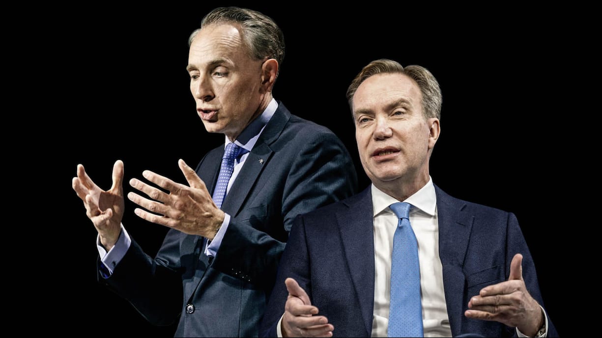 <p>Axa-Chef Thomas Buberl (l.) und WEF-CEO Børge Brende unterstützten die harte Linie Brabecks.</p>
