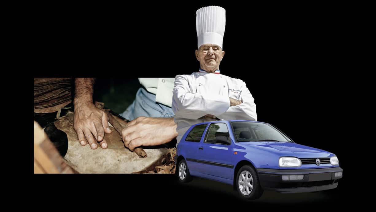 <p>Zigarren rollen auf Kuba, Paul Bocuse, VW Golf (Baujahr 1994).</p>