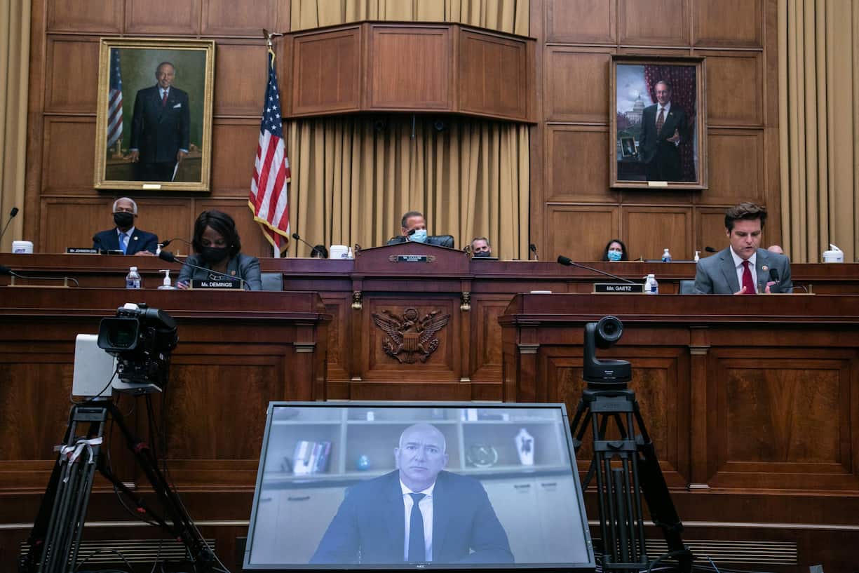 Amazon-CEO Jeff Bezos sagt am 29. Juli 2020 via Video an einer Anhörung des Justizausschusses im der Rayburn House Office Building im Capitol Hill in Washington/DC aus.