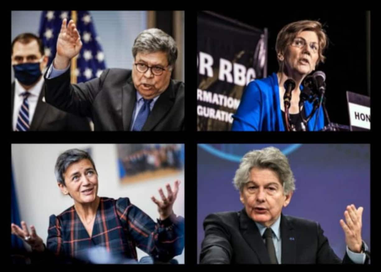 Zusammenstellung der Gegenspieler der grossen Tech-Unternehmen: Im Bild sind William Barr, Elizabeth Warren, Margethe Vestager und Thierry Breton.