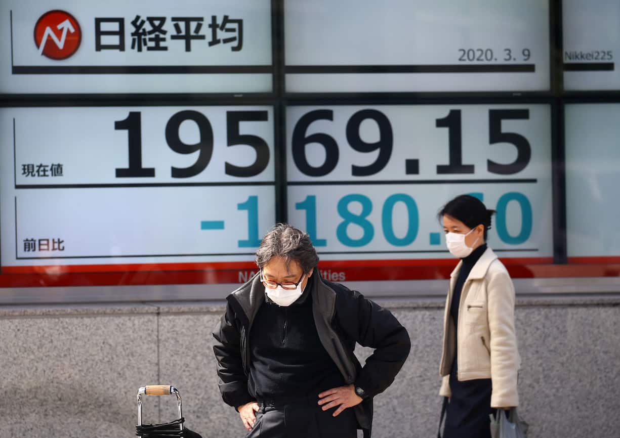 People wearing protective face masks are seen in front of an electronic display showing the Nikkei index outside a brokerage in Tokyo, Japan, following an outbreak of the coronavirus disease (COVID-19), March 9, 2020. REUTERS/Edgard Garrido - RC24GF9C3SXG