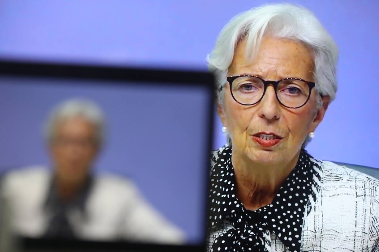 Christine Lagarde, president of the European Central Bank (ECB), speaks during a live stream video of the central bank's virtual rate decision news conference in Frankfurt, Germany, on a television screen arranged in Danbury, U.K., on Thursday, Oct. 29, 2020. Lagarde said there is little doubt that policy makers will agree on a new package of monetary stimulus in December as coronavirus infections and renewed lockdowns threaten a double-dip recession. Photographer: Chris Ratcliffe/Bloomberg