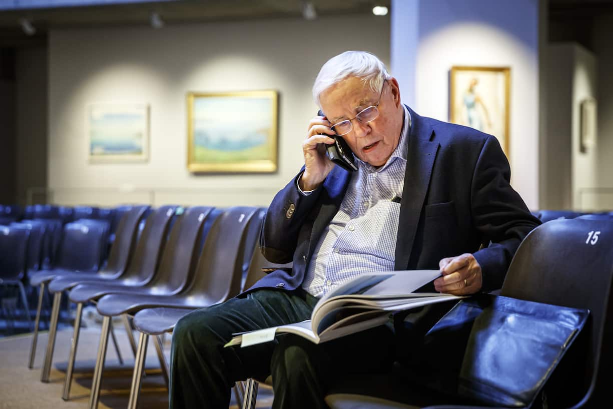 Former Swiss Federal councilor Christoph Blocher makes a phone call prior to a media visit of the exhibition of his collection entitled "Chefs-d'oeuvre suisses" (Swiss masterpieces in French) at the Fondation Pierre Gianadda in Martigny, Switzerland, Friday, December 6, 2019. (KEYSTONE/Valentin Flauraud)