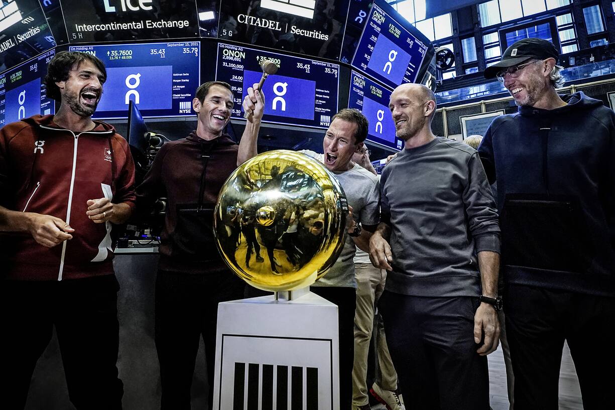 On executives ring a ceremonial first trade bell as their company's IPO begins trading on the floor of the New York Stock Exchange, Wednesday, Sept. 15, 2021. They are, from left: Caspar Coppetti, Martin Hoffmann, Marc Maurer, David Allemann, and Olivier Bernhard. (AP Photo/Richard Drew) David Allemann,Marc Maurer,Olivier Bernhard,Caspar Coppetti,Martin Hoffmann