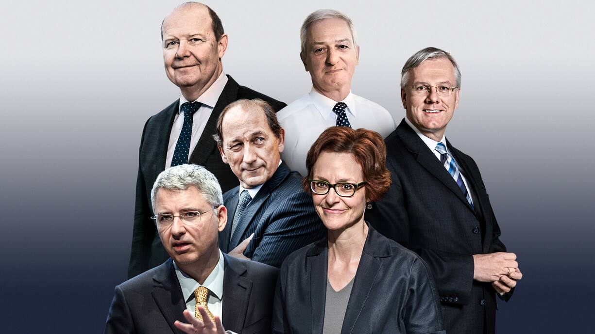 FÜR EIN ABKOMMEN Arbeitgeber-Präsident Valentin Vogt, Novartis-Präsident Jörg Reinhardt, Roche-Präsident Christoph Franz (oben v.l.), Roche-CEO Severin Schwan, Nestlé-Präsident Paul Bulcke, Economiesuisse-Chefin Monika Rühl (unten v.l.).