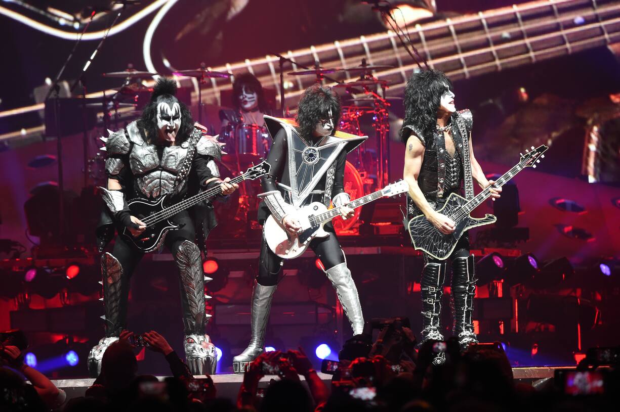 UNIONDALE, NEW YORK - MARCH 22:  Gene Simmons, Eric Singer, Tommy Thayer, Paul Stanley of the band KISS perform on stage during KISS End Of The Road World Tour at Nassau Coliseum on March 22, 2019 in Uniondale, New York. (Photo by Kevin Mazur/Getty Images)