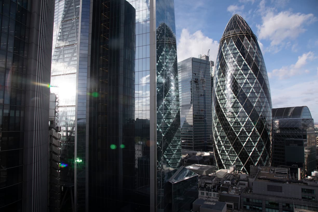 Views of the cityscape skyline looking towards 1 St Mary Axe aka the Gherkin from The Garden at 120, theÂ City of Londons largest rooftop public space, located atop the newly opened Fen Court office building at 120 Fenchurch Street in London, United Kingdom. At 15-storeys up, the viewing platform offers exceptional 360-degree views of the City and greater London, and is free for members of the public to visit. (photo by Mike Kemp/In PIctures via Getty Images)