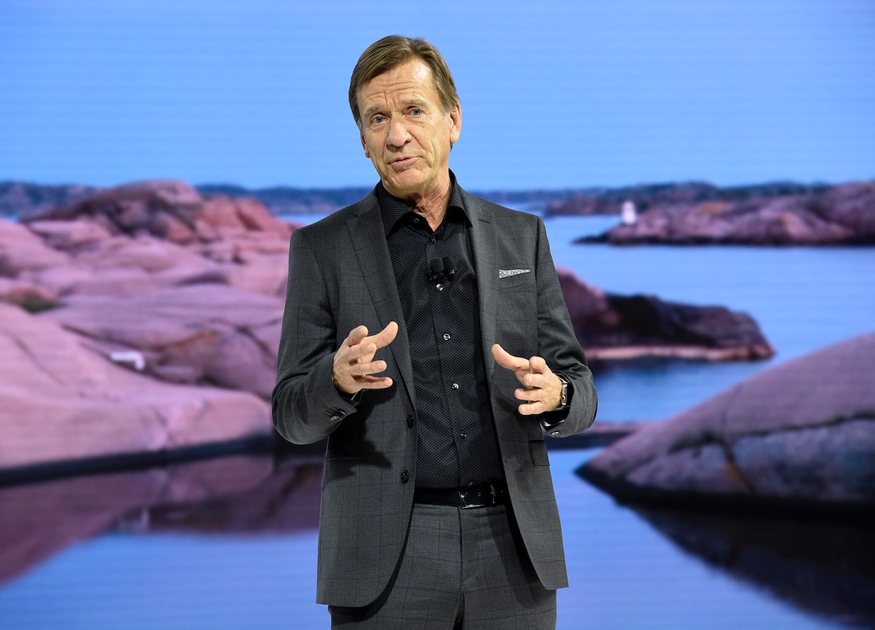 LOS ANGELES, CA - NOVEMBER 29: Hakan Samuelsson, president and CEO of Volvo car Corporation, speaks during a news conference during the auto trade show AutoMobility LA at the Los Angeles Convention Center November 289, 2017, in Los Angeles, California. (Photo by Kevork Djansezian)