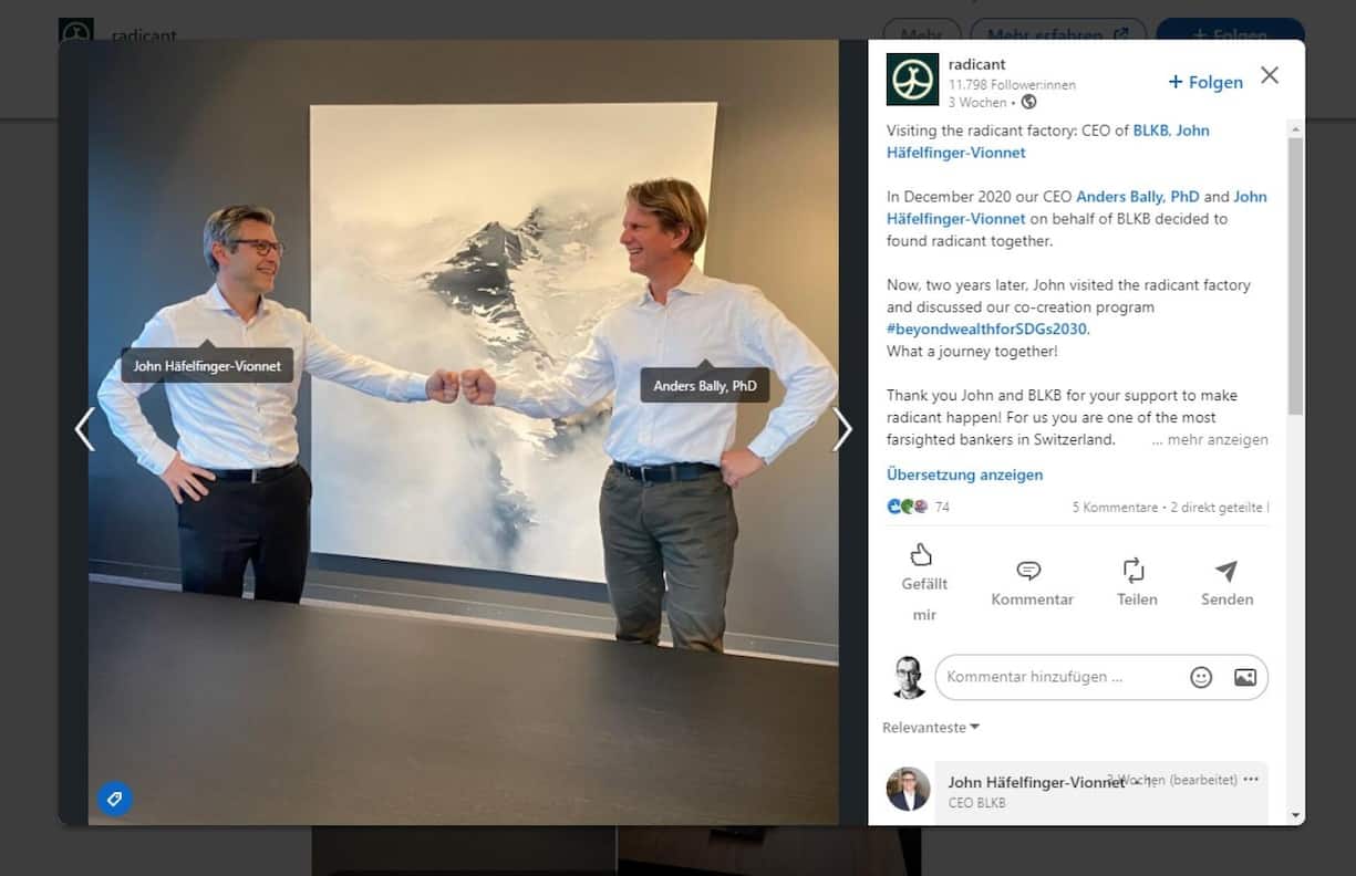 <p>Da feiern sie noch zusammen auf Linkedin: BLKB-Chef John Häfelfinger (links) und Radicant-Chef Andres Bally (Aufnahme von 17. Januar 2023). </p>