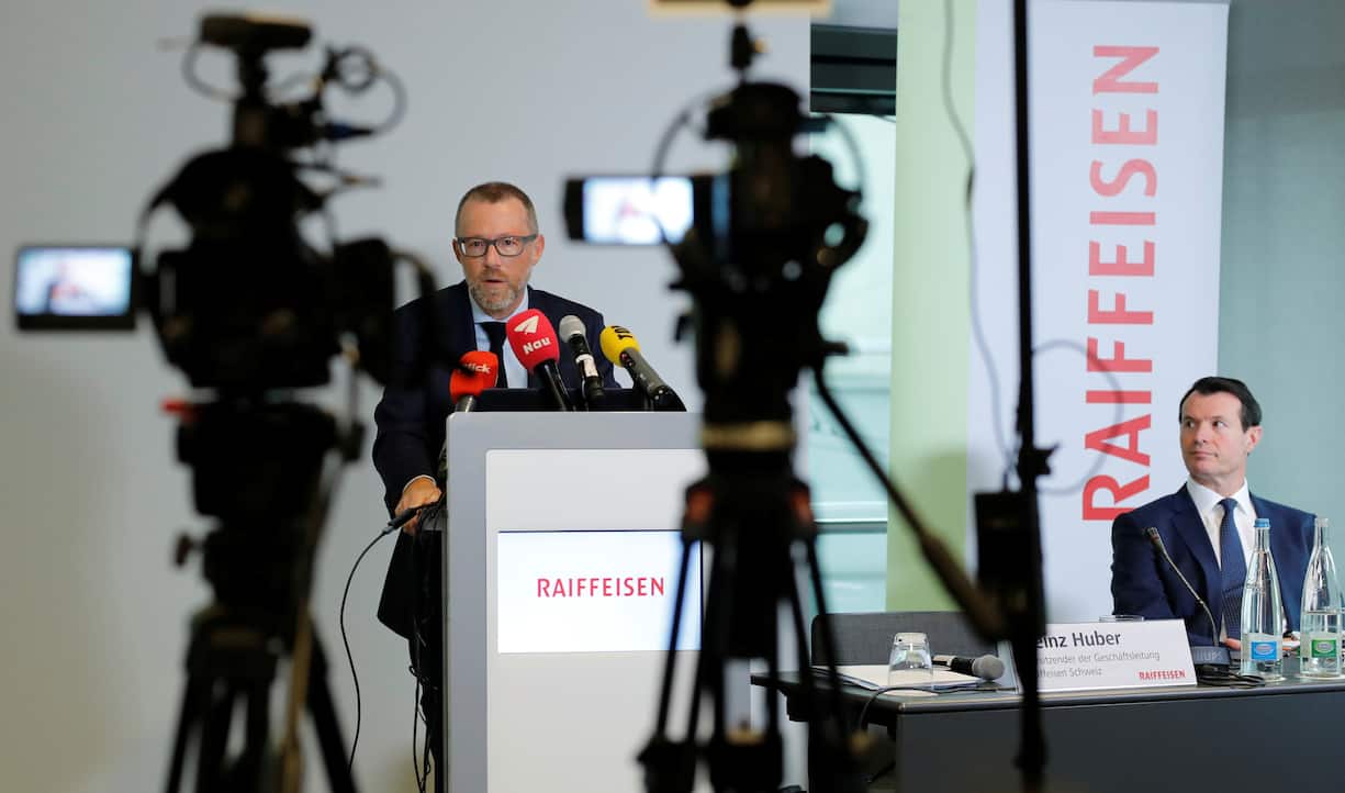 President Guy Lachappelle is seen as CEO Heinz Huber of Swiss Raiffeisen Schweiz bank addresses the annual news conference in Zurich, Switzerland March 1, 2019.   REUTERS/Arnd Wiegmann - RC1484E2C8E0