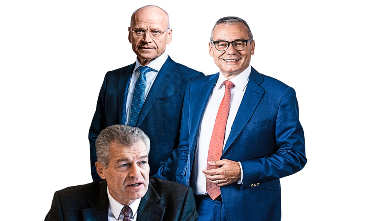  Die Präsidenten von Economiesuisse und Swiss Holdings, Heinz Karrer (vorne) und Karl Hofstetter, sowie der Unternehmer Ruedi Noser (r.) 