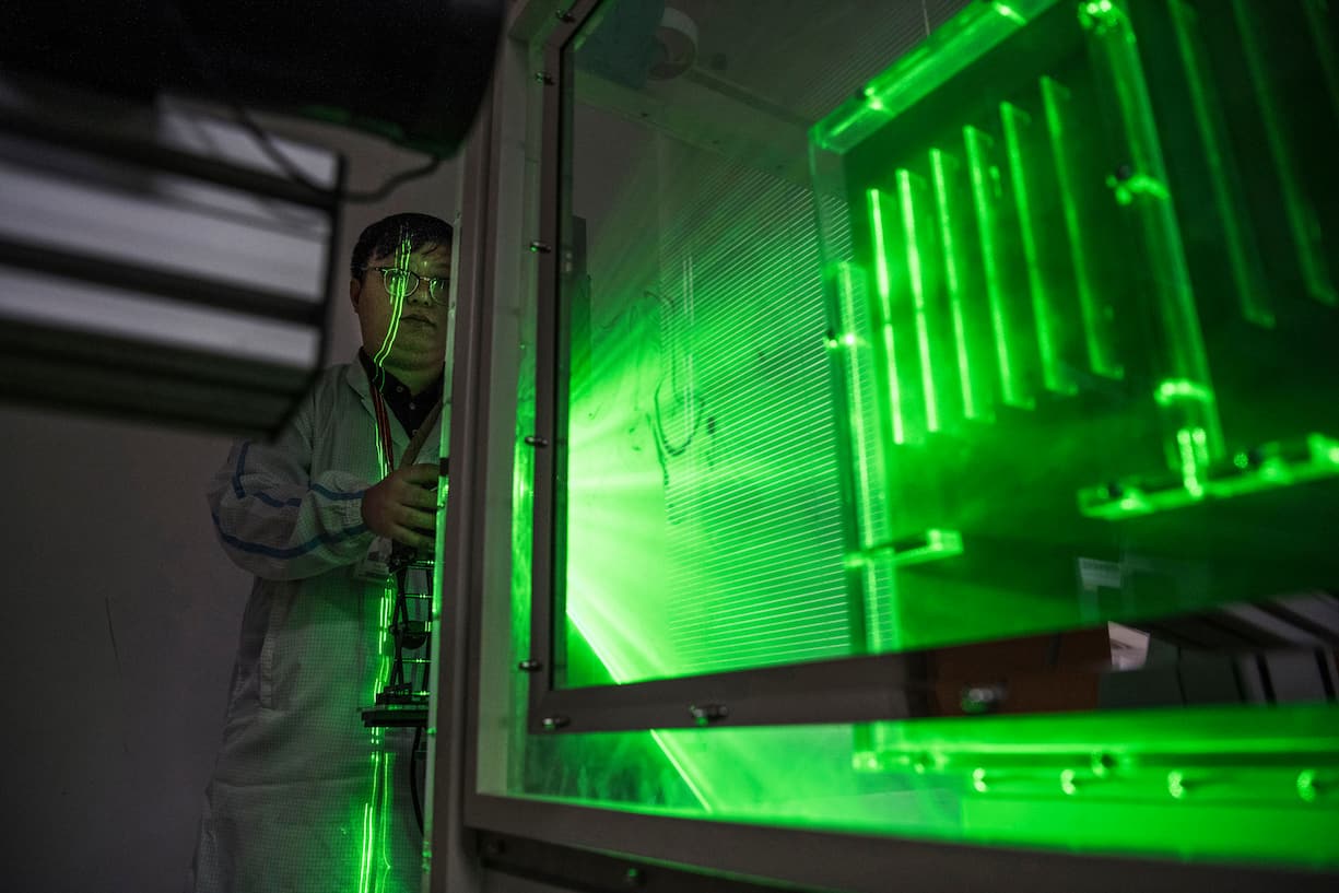 A Huawei thermal engineer performs a heat test in the research and development area of the Bantian campus on April 12, 2019 in Shenzhen, China.