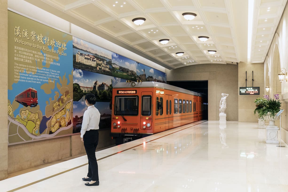 A shuttle train departs a station at the Huawei Technologies Co. Ox Horn research and development campus in Dongguan, China, on Thursday, May 23, 2019. Huawei is seeking about $1 billion from a small group of lenders, its first major funding test after getting hit with U.S. curbs that threaten to cut off access to critical suppliers. Photographer: Qilai Shen/Bloomberg