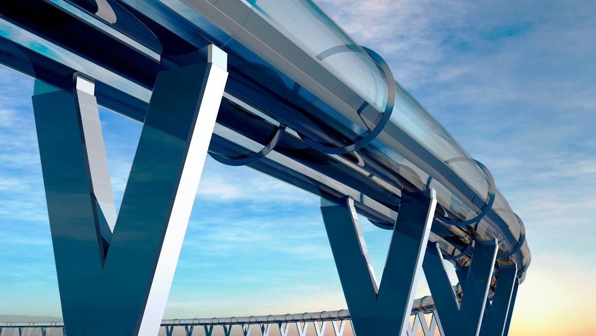  Hyperloop transport. Artwork of a planned high-speed transportation system known as the Hyperloop. Passengers are transported in pressurised capsules that ride on a cushion of air in tubes with reduced air pressure.