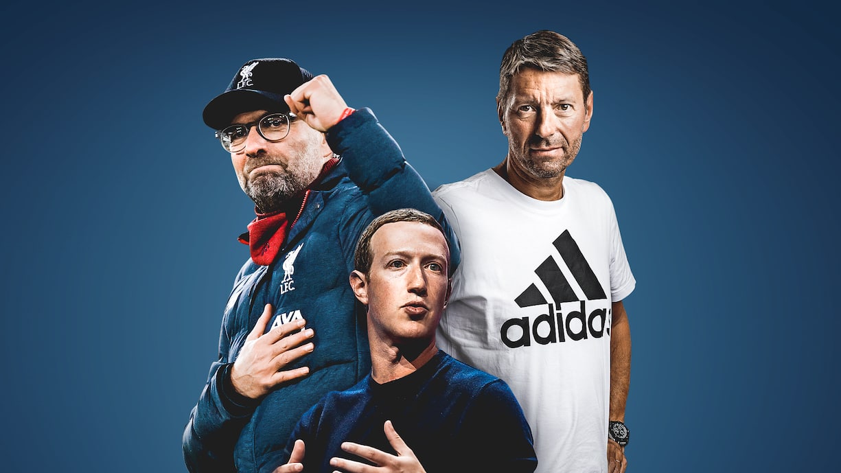  Liverpool-Trainer Jürgen Klopp (l.) und Adidas-Chef Kasper Rorsted (r.) verloren massiv Imagewerte, Facebook-Chef Mark Zuckerberg will die Krise zur Reputationspolitur nutzen.