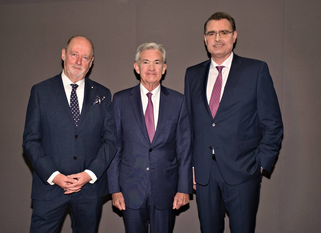 Martin Meyer, Präsident, Schweizerisches Institut für Auslandforschung;Jerome Powell, Governor, FED;Thomas Jordan, Präsident, Schweizerische Nationalbank