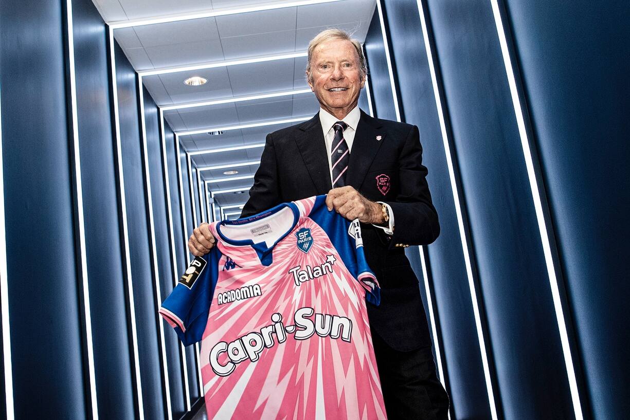 Hans-Peter WILD owner of Stade Francais present the new jersey of Stade Francais for the 2021/2022 season after the season opening press conference of the Stade Francais at Stade Jean Bouin on August 28, 2021 in Paris, France. (Photo by Baptiste Fernandez/Icon Sport via Getty Images)