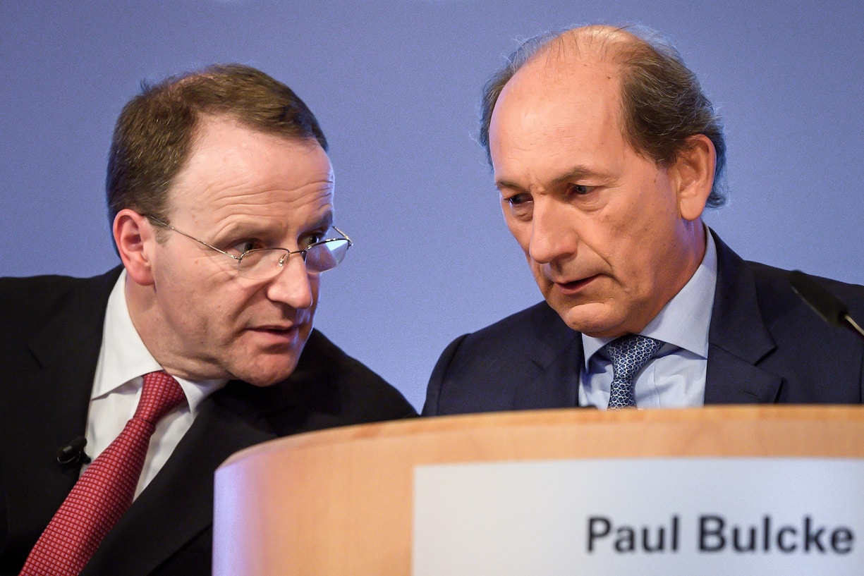 Swiss food giant Nestle CEO Ulf Mark Schneider (L) speaks to chairman Paul Bulcke prior to the annual general shareholders meeting on April 11, 2019 in Lausanne. (Photo by Fabrice COFFRINI / AFP)