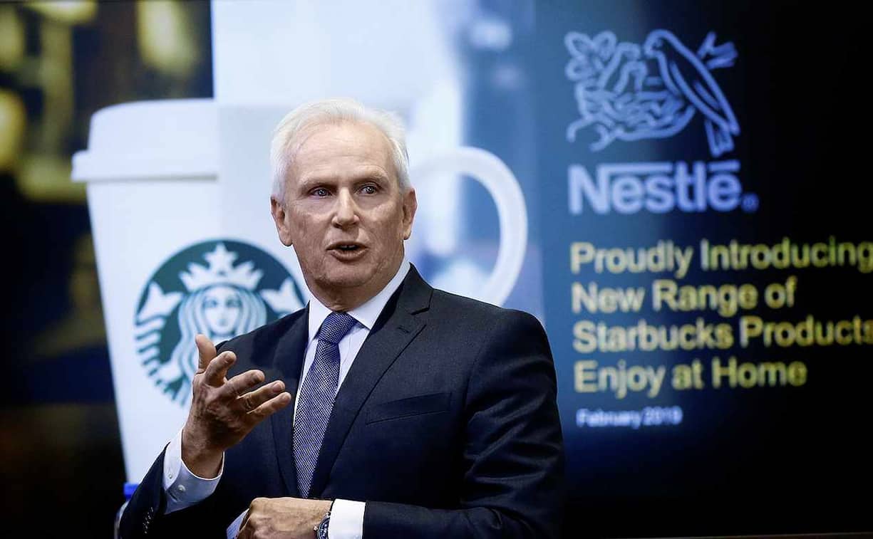 Patrice Bula, Nestle Executive Vice President and Head of Strategic Business Units, Marketing, Sales and Nespresso, addresses a news conference to announce that Nestle will sell Starbucks-branded coffee at grocery stores in Europe, Asia and Latin America at the company's headquarters in Vevey, Switzerland February 13, 2019. REUTERS/Arnd Wiegmann - RC1A542B74B0
