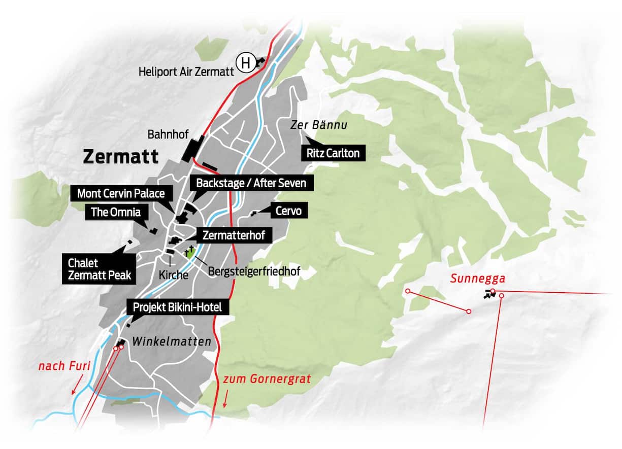 Grafik Zermatt mit Hotels und Bars