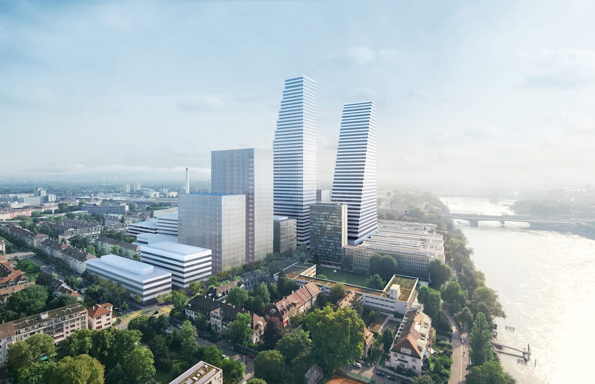 Konzern­zentrale in Basel mit den beiden Türmen, gestaltet von den Star­architekten Herzog & de Meuron.