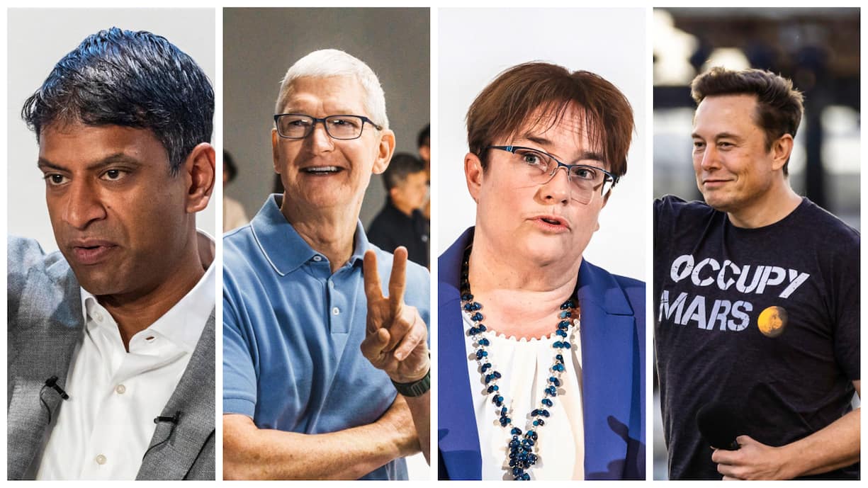 Vas Narasimhan, Tim Cook, Magdalena Martullo-Blocher und Elon Musk (von links nach rechts): Ganz unterschiedliche Charaktere zieren die Firmenlandschaft. Einige Führungsstile kommen aber aus der Mode.