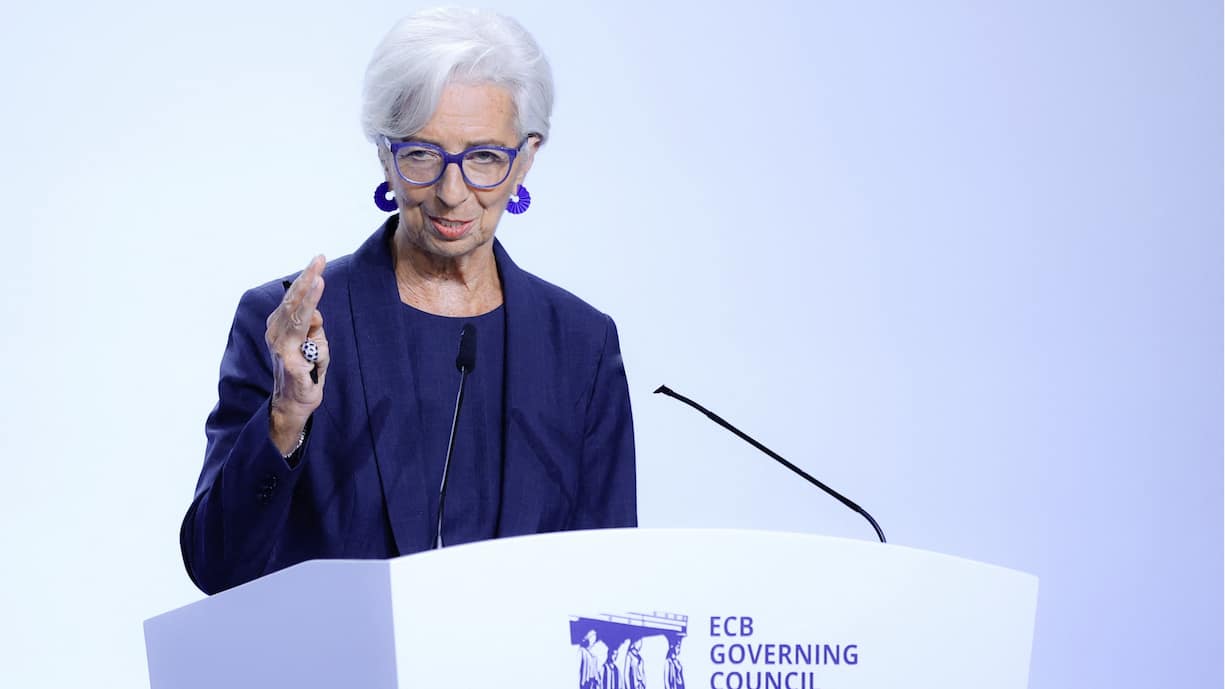 European Central Bank president Christine Lagarde gestures as she addresses a press conference with the President of the Greek Central Bank after the Governing Council meeting in Athens on October 26, 2023. (Photo by Aris Oikonomou / AFP)