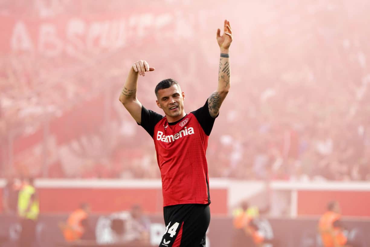 Fussball, 1 Bundesliga, Saison 2024/2025, Bayer 04 Leverkusen- 1.FC Union Berlin 12.04.2025, Bayarena Leverkusen Granit Xhaka , Bayer 04 Leverkusen, Aktion, Einzelbild *** Football, 1 Bundesliga, Season 2024 2025, Bayer 04 Leverkusen 1 FC Union Berlin 12 04 2025, Bayarena Leverkusen Granit Xhaka , Bayer 04 Leverkusen, Action, Single image