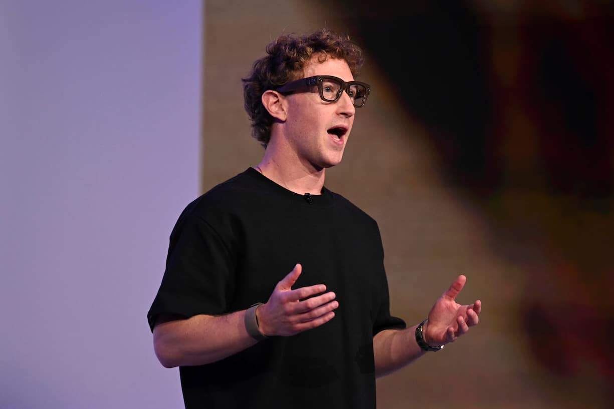 Meta CEO Mark Zuckerberg wears artificial intelligence-powered smart glasses and a wristband as he speaks during the company's Connect developer conference Wednesday, Sept. 17, 2025, in Menlo Park, Calif. (AP Photo/Nic Coury)