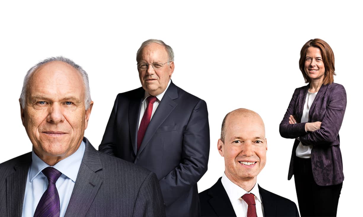 Bundesrat und Mercosur-Freihandelspromotor Johann Schneider-Ammann, FDP-Chefin Petra Gössi (oben, v.l.), Swissmem-Präsident Hans Hess und Jacques Sanche, Konzernchef von Bucher Industries (unten, v.l.).