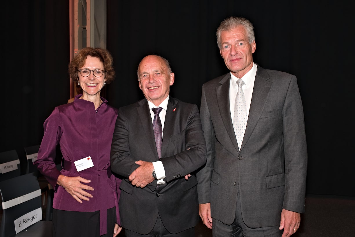Monika Rühl, economiesuisse; Ueli Maurer, Bundespräsident; Heinz Karrer, economiesuisse