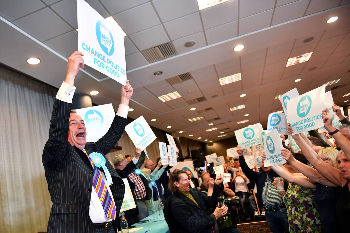 HUDDERSFIELD, ENGLAND - MAY 13: Nigel Farage speaks during a Brexit Party rally at the John Smith's Stadium on May 13, 2019 in Huddersfield, England. Nigel Farage, the former leader of the U.K. Independence Party, is campaigning for the Brexit Party's contest for this month's European Parliament elections, whose candidates include Annunziata Rees-Mogg. Despite voting to leave the European Union in 2016 Britain is braced to take part in the European Parliament election on May 23 