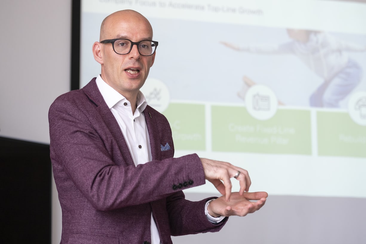 Pascal Grieder, CEO of Salt, presents the 2018 year results of Salt Mobile, at the mobile network operator's headquarters in Renens, Canton of Vaud, Switzerland, on March 13, 2019. (KEYSTONE/Adrien Perritaz)
