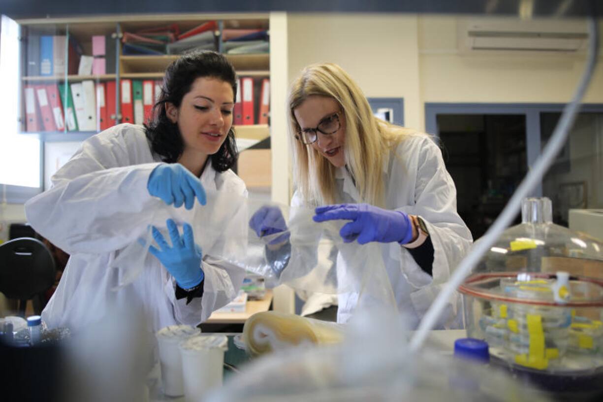 Professor Ester Segal (right) und student Lia Baumann (left) cut out a piece of film for the NanoPack project, in a laboratory in the Faculty of Biotechnology and Food Engineering at the Technion in Haifa, March 03, 2019.